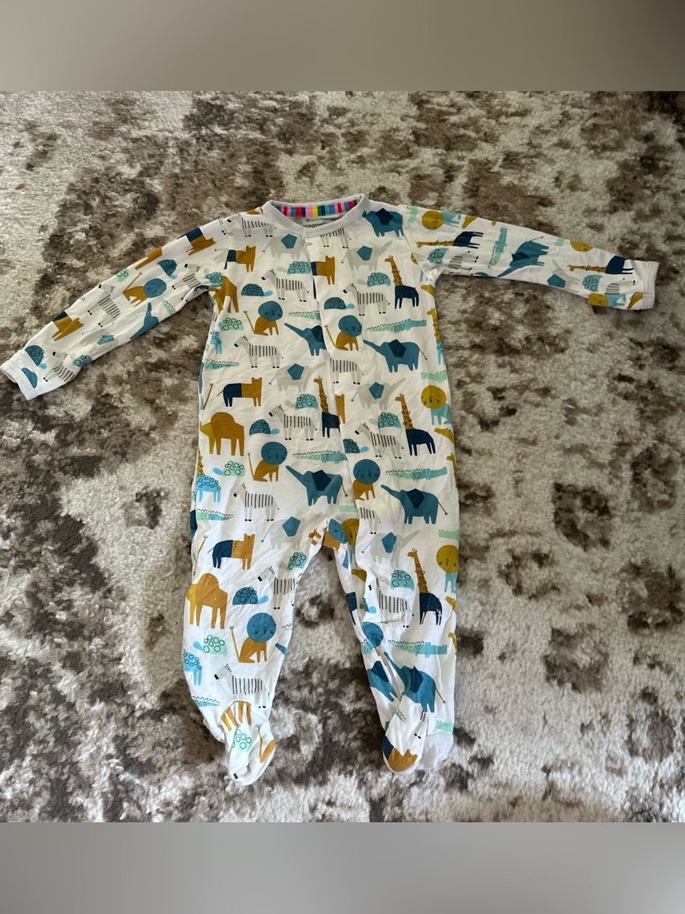 Magnetic Me Cream Footed One-Piece with Blue & Mustard Animal Print